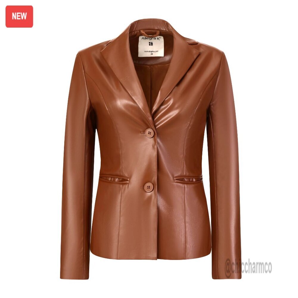 Faux Leather Blazer Slim Fit Office Chic Button Down Long Sleeve Jacket
